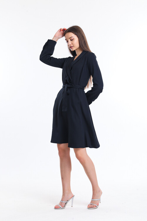 Kruvaze Yaka Yanı Fermuarlı Kuşaklı Uzun Kol Kısa Elbise