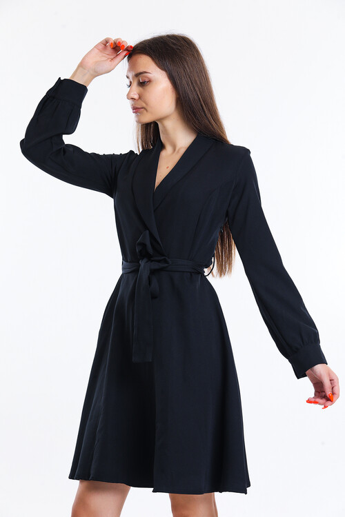 Kruvaze Yaka Yanı Fermuarlı Kuşaklı Uzun Kol Kısa Elbise