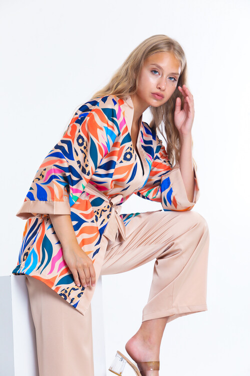 Kuşaklı Desenli Kimona Takım