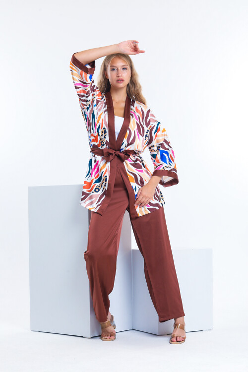 Kuşaklı Desenli Kimona Takım