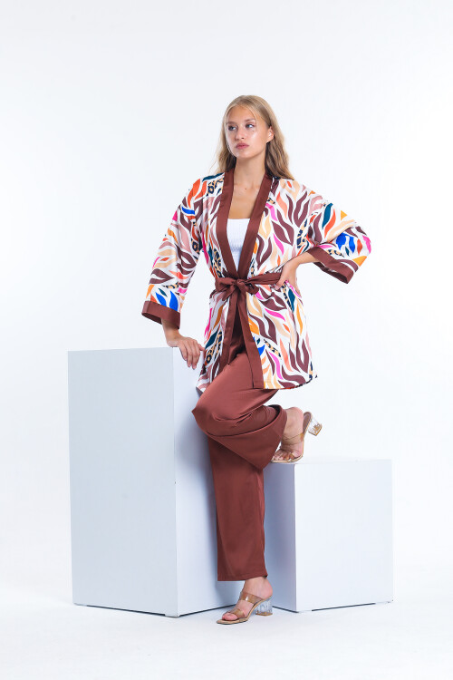 Kuşaklı Desenli Kimona Takım