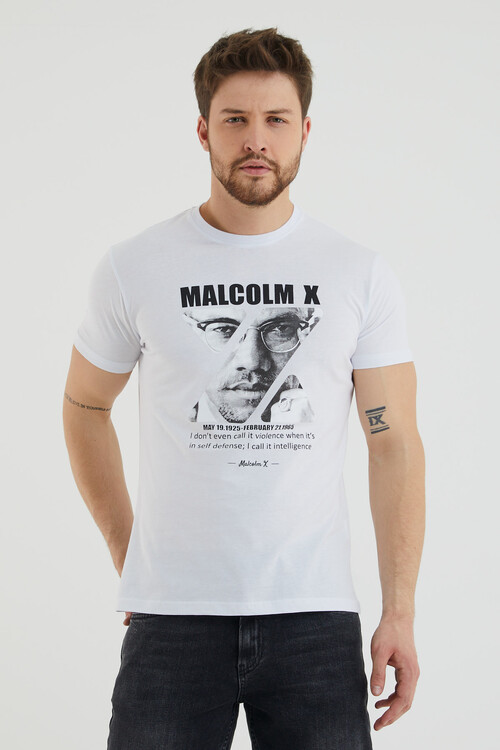 Malcolm X Baskılı Bisiklet Yaka Battal Tshirt