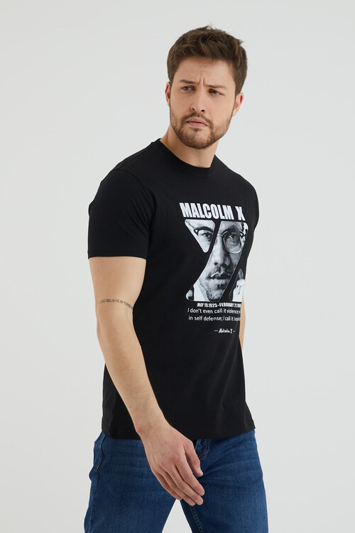 Malcolm X Baskılı Bisiklet Yaka Battal Tshirt