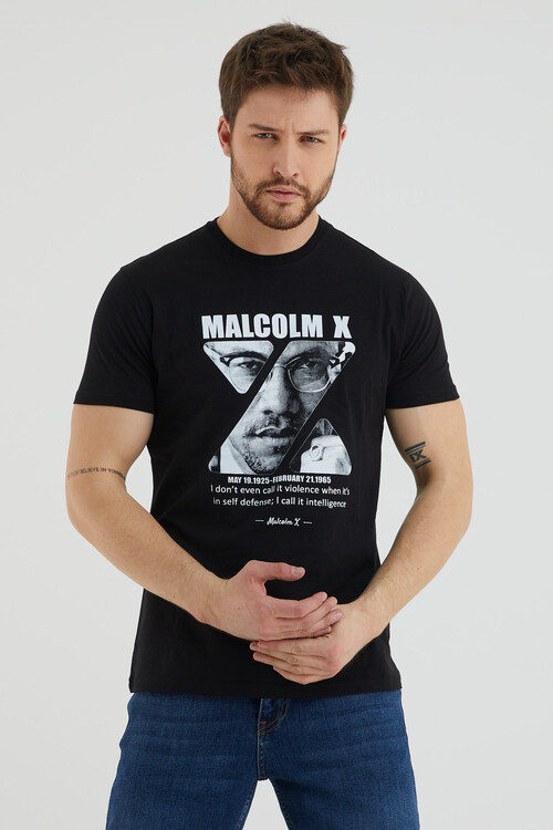 Malcolm X Yazı Baskılı Bisiklet Yaka Tshirt