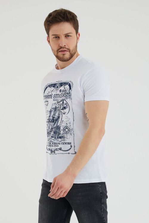 Marıne Enthusıast Yazı Baskılı Bisiklet Yaka Slim Fit Tshirt
