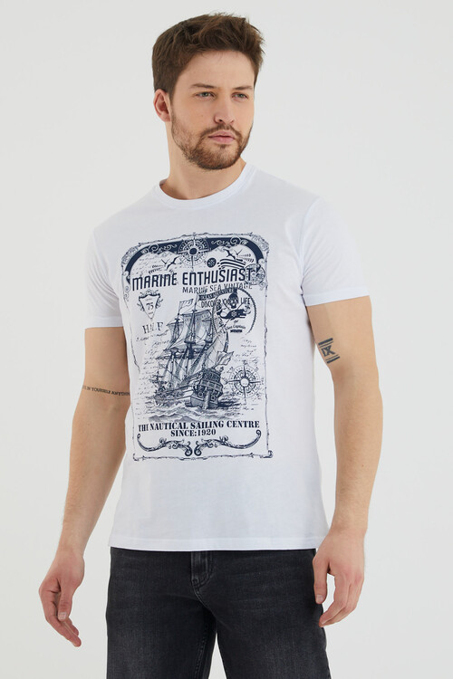 Marıne Enthusıast Yazı Baskılı Bisiklet Yaka Slim Fit Tshirt
