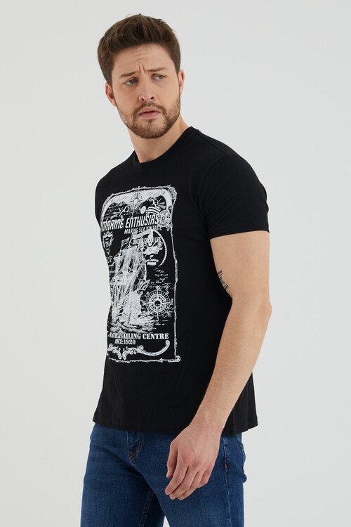 Marıne Enthusıast Yazı Baskılı Bisiklet Yaka Slim Fit Tshirt