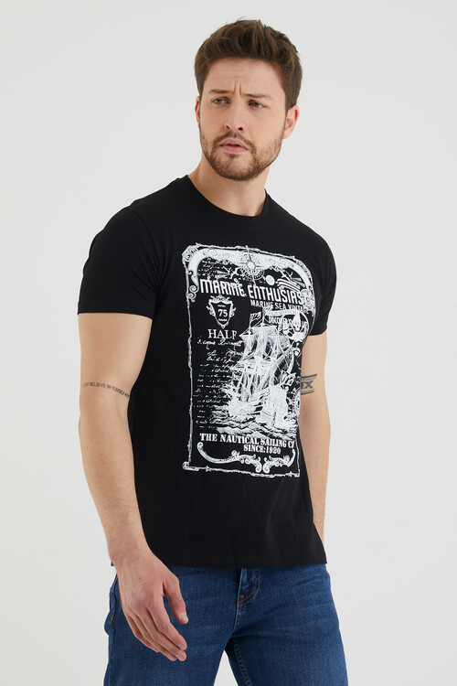 Marıne Enthusıast Yazı Baskılı Bisiklet Yaka Slim Fit Tshirt