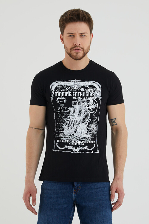 Marıne Enthusıast Yazı Baskılı Bisiklet Yaka Slim Fit Tshirt