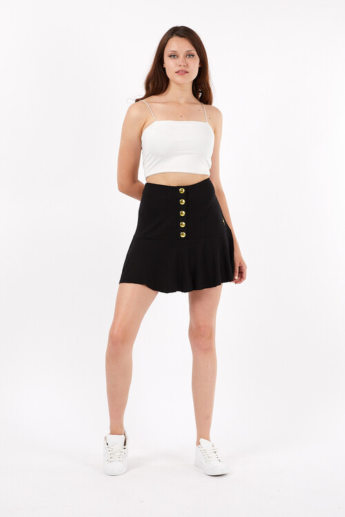 Metal Çıtçıtlı Yanı Nakışlı Fırfırlı Mini Etek