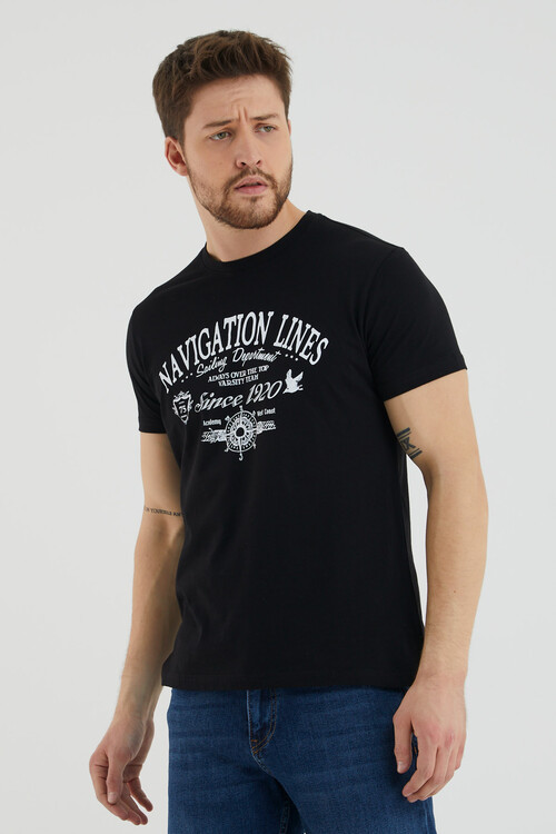 Navıgatıon Lınes Yazılı Baskılı Bisiklet Yaka Slim Fit Tshirt