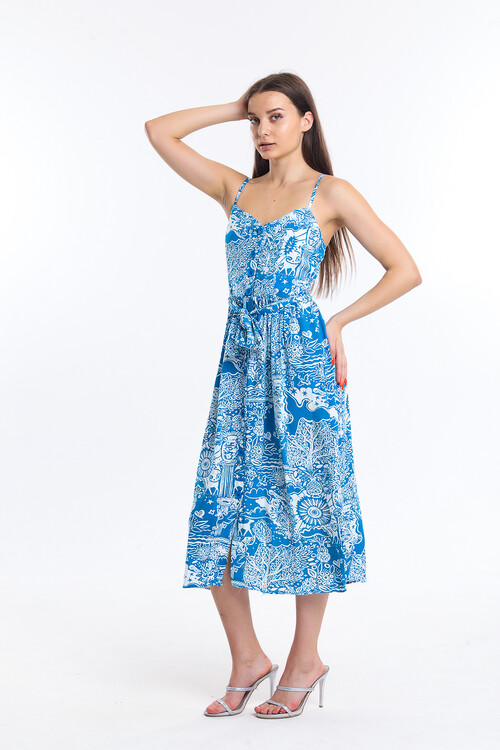 Önü Düğmeli Askılı Desenli Kuşaklı Elbise