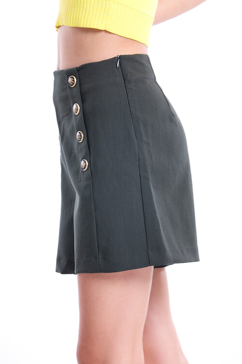 Önü Düğmeli Yandan Fermuarlı Yüksek Bel Şort