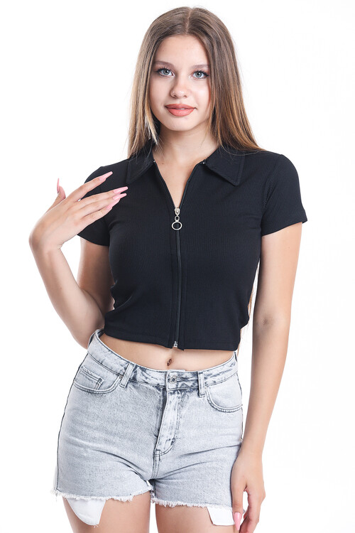 Önü Fermuarlı Gömlek Yaka Kaşkorseli Crop Bluz