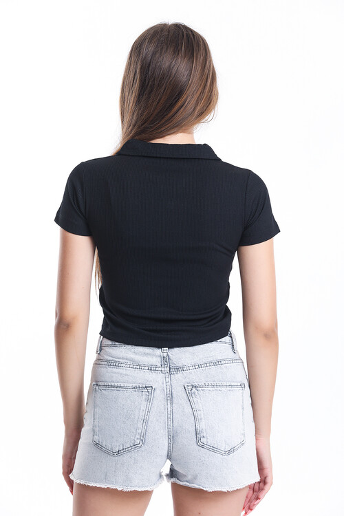 Önü Fermuarlı Gömlek Yaka Kaşkorseli Crop Bluz