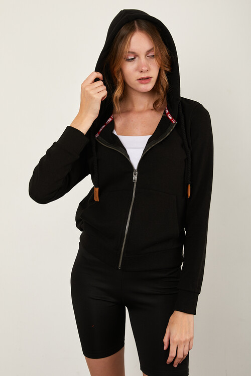 Önü Fermuarlı Kanguru Cepli Bağcıklı Kapuşonlu Sweat