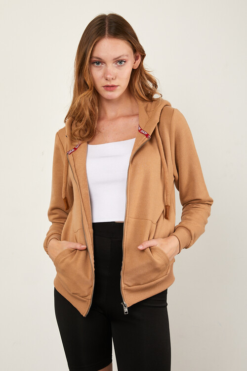 Önü Fermuarlı Kanguru Cepli Bağcıklı Kapuşonlu Sweat