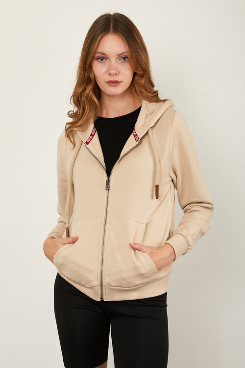 Önü Fermuarlı Kanguru Cepli Bağcıklı Kapuşonlu Sweat