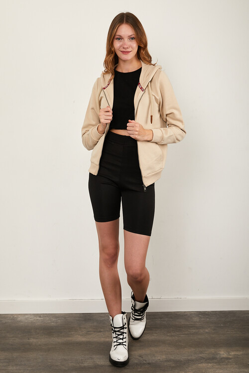 Önü Fermuarlı Kanguru Cepli Bağcıklı Kapuşonlu Sweat