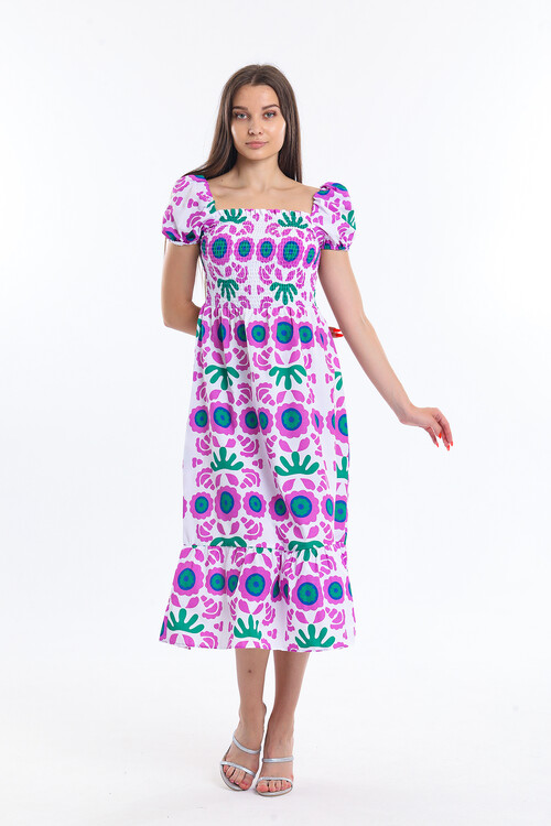 Robası Büzgülü Balon Kol Desenli Uzun Elbise