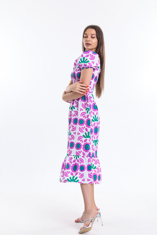 Robası Büzgülü Balon Kol Desenli Uzun Elbise