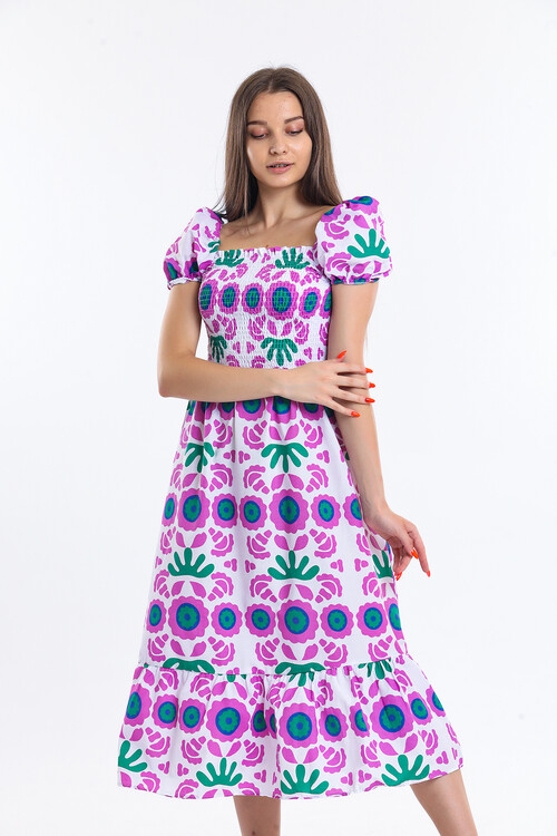 Robası Büzgülü Balon Kol Desenli Uzun Elbise