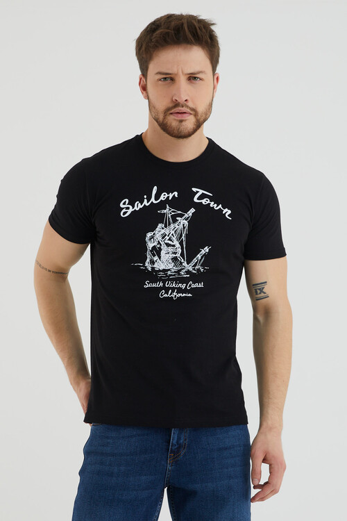 Sailon Tour Yazı Baskılı Bisiklet Yaka Slim Fit Tshirt