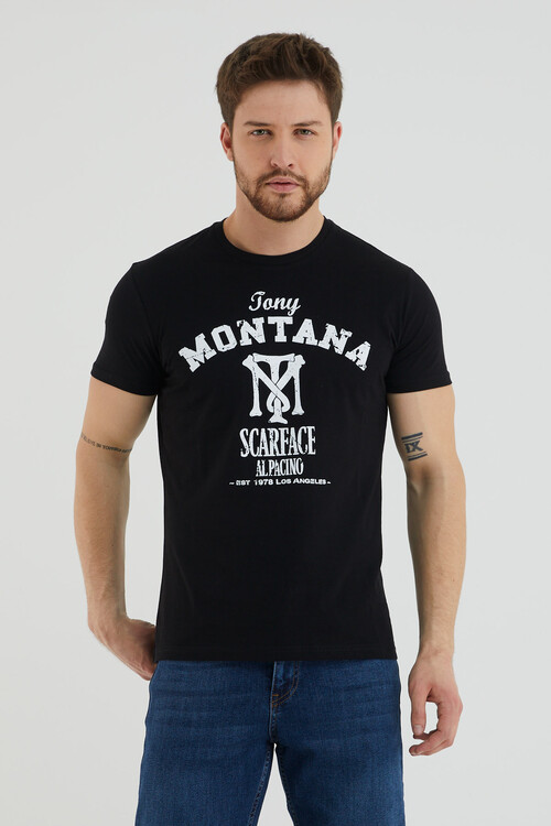 Tony Montana Yazılı Baskılı Bisiklet Yaka Slim Fit Tshirt