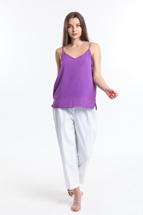 V Yaka Askılı Yırtmaçlı Şifon Bluz