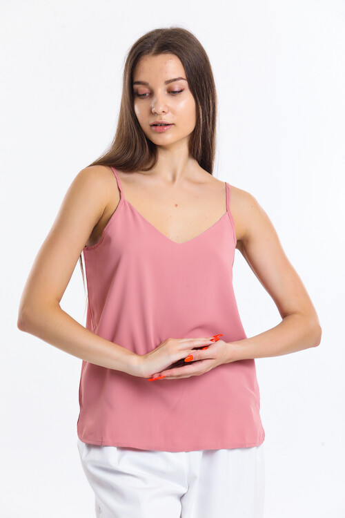 V Yaka Askılı Yırtmaçlı Şifon Bluz