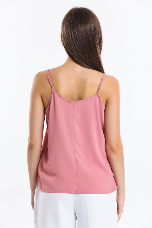 V Yaka Askılı Yırtmaçlı Şifon Bluz