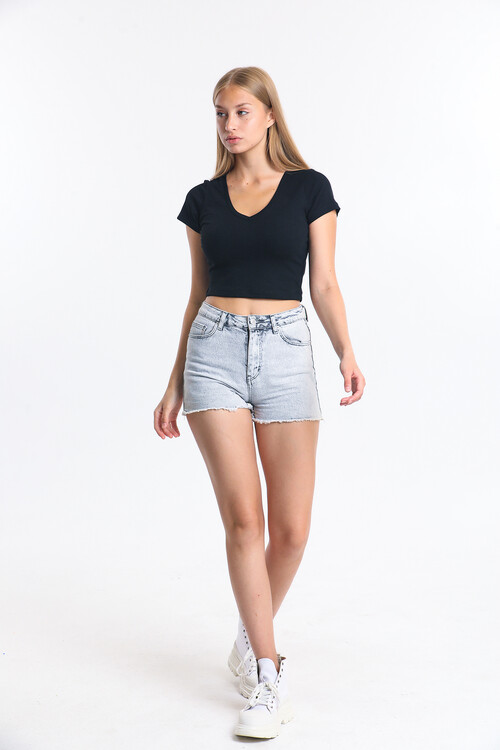 V Yaka Kaşkorseli Crop Bluz