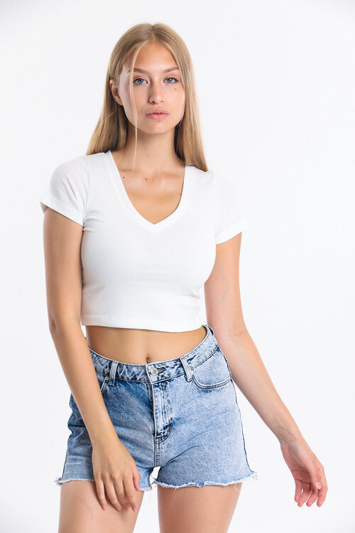 V Yaka Kaşkorseli Crop Bluz