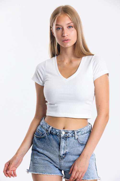 V Yaka Kaşkorseli Crop Bluz