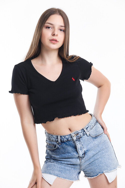 V Yaka Kolu ve Eteği Büzgülü Crop Bluz