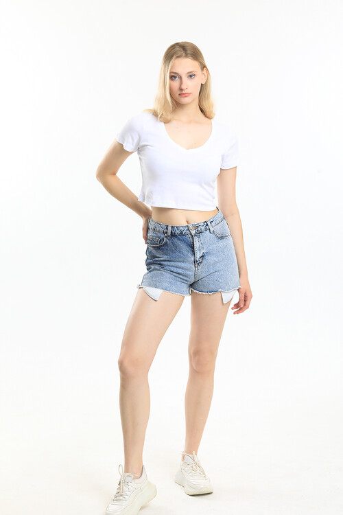 V Yaka Nakış Detaylı Crop Bluz