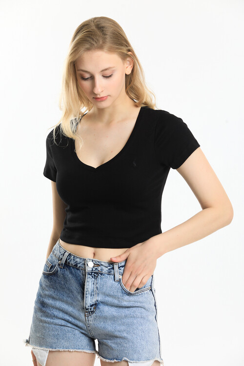 V Yaka Nakış Detaylı Crop Bluz