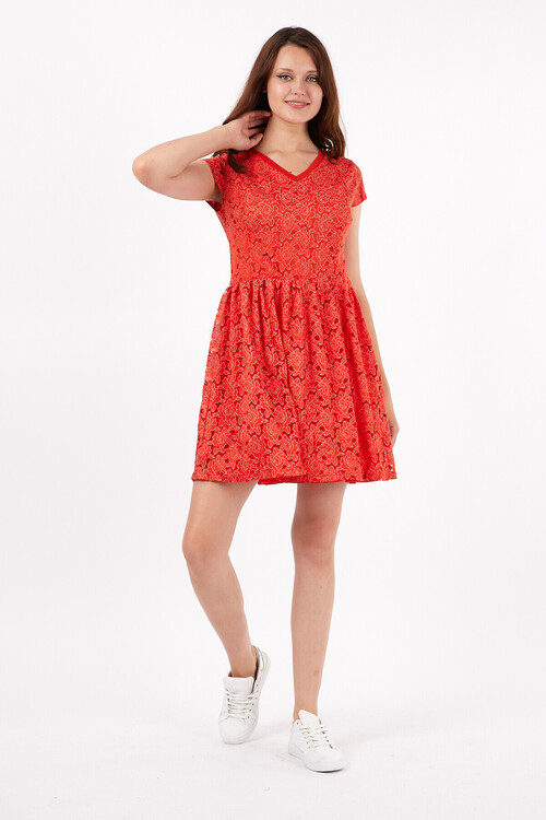 V Yaka Pileli Kesik Kol Papatya Desenli Yanı Fermuarlı Kısa Elbise