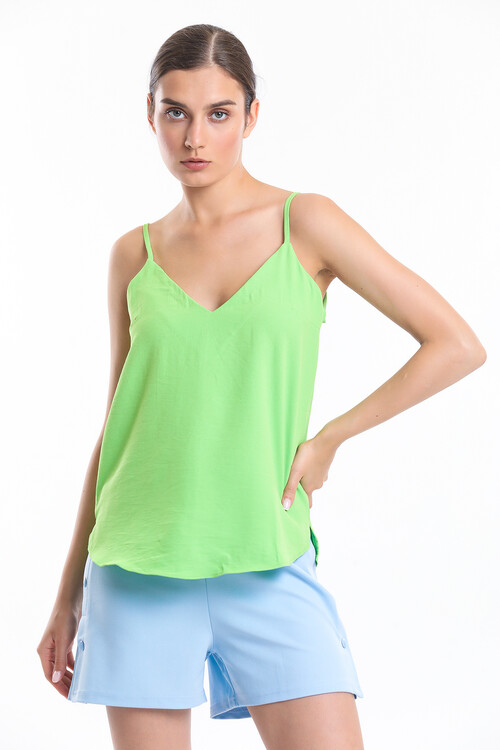 V Yaka Yanları Yırtmaçlı Askılı Bluz