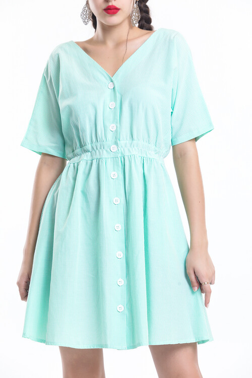 V Yaka Yarasa Kol Önü Düğmeli Beli Büzgülü Çizgili Kısa Elbise