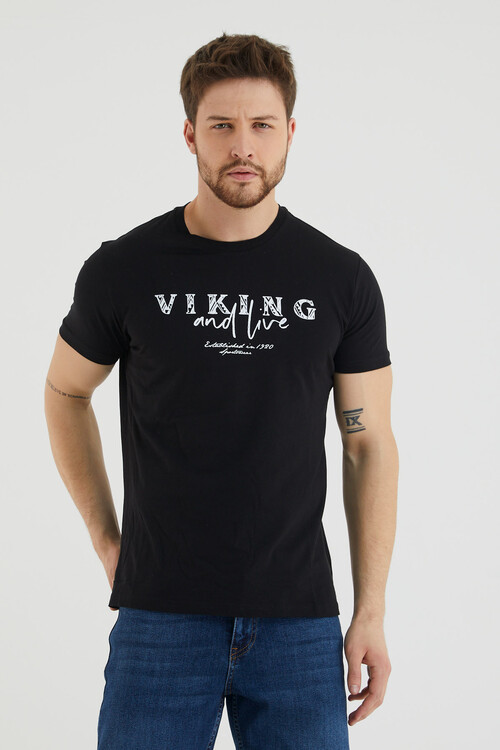 Viking And Live Yazı Baskılı Bisiklet Yaka Battal Tshirt