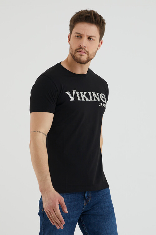 Viking Yazılı Taş Detaylı Bisiklet Yaka Tshirt