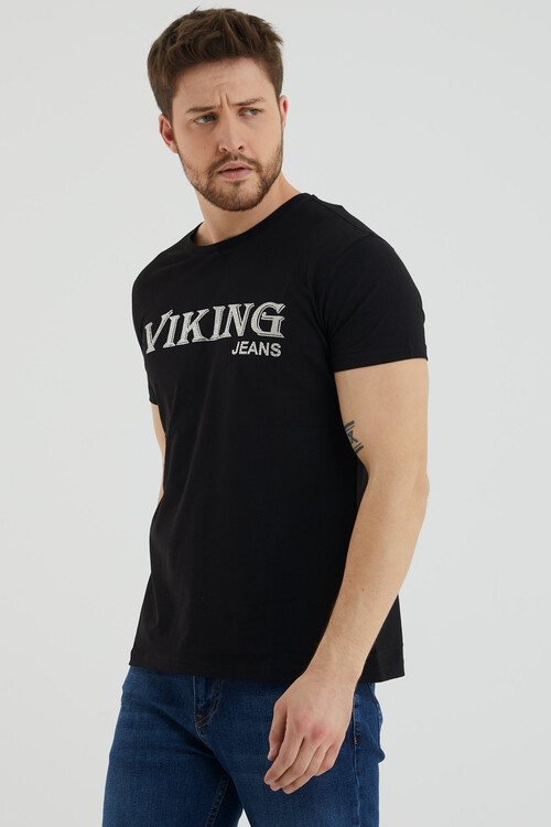 Viking Yazılı Taş Detaylı Bisiklet Yaka Tshirt
