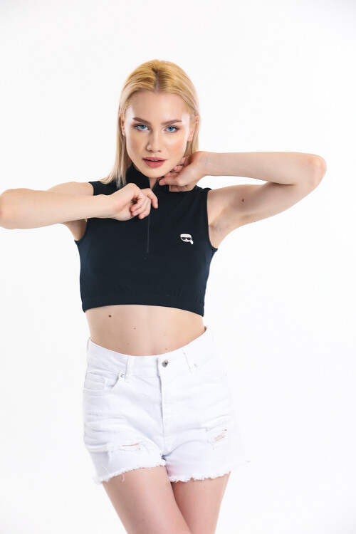 Yakası Fermuarlı Armalı Eteği Lastikli Kolsuz Crop Bluz