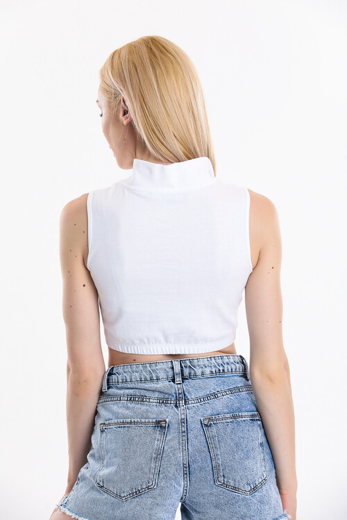 Yakası Fermuarlı Armalı Eteği Lastikli Kolsuz Crop Bluz