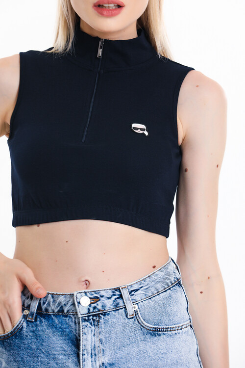 Yakası Fermuarlı Armalı Eteği Lastikli Kolsuz Crop Bluz