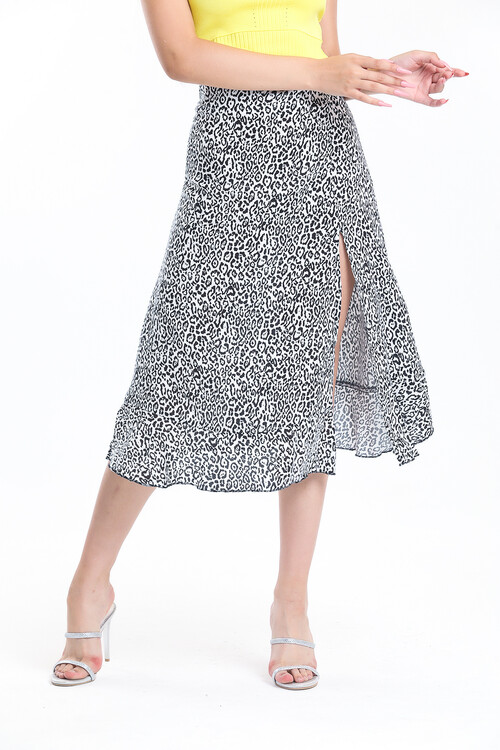 Yandan Fermuarlı Etek Ucu Pervazlı Yırtmaçlı Leopar Desenli Etek