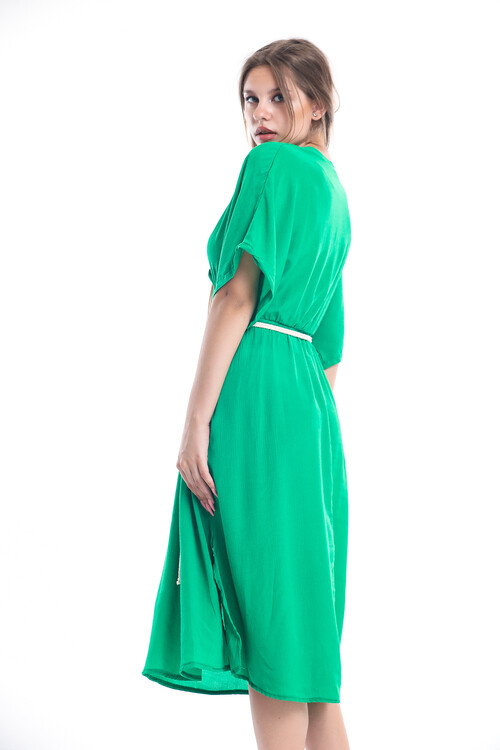 Yarasa Kol Kruvaze Yaka Yanları Yırtmaçlı Beli Lastikli Kemerli Uzun Elbise