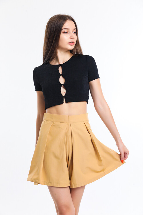 Yüksek Bel Pileli Yandan Fermuarlı Şort