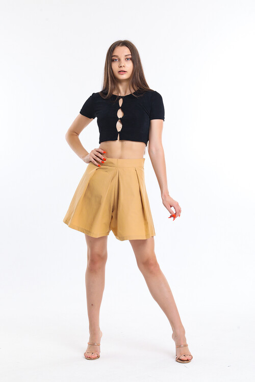 Yüksek Bel Pileli Yandan Fermuarlı Şort